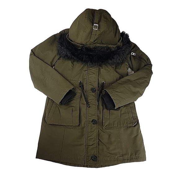 Lucky Brand Womens XS Faux Fur Hooded Anorak Jacket Khaki Military Style - Picture 1 of 9